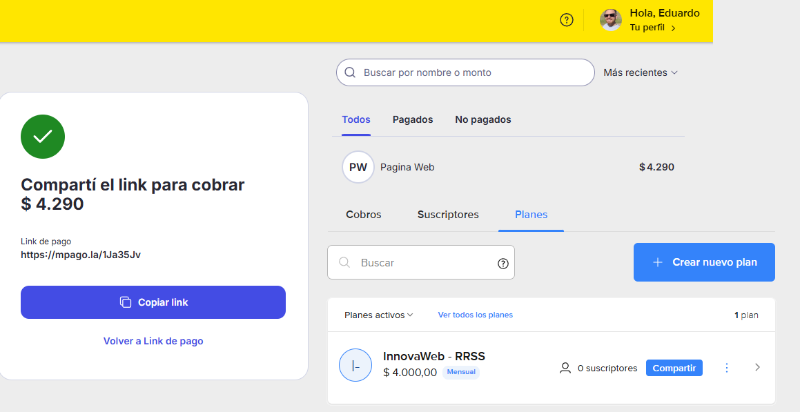 Pantalla de MercadoPago Uruguay mostrando un link de pago generado para un negocio local