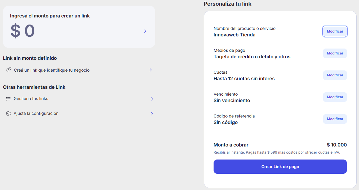 Proceso de generar un link de pago en MercadoPago Uruguay desde el celular
