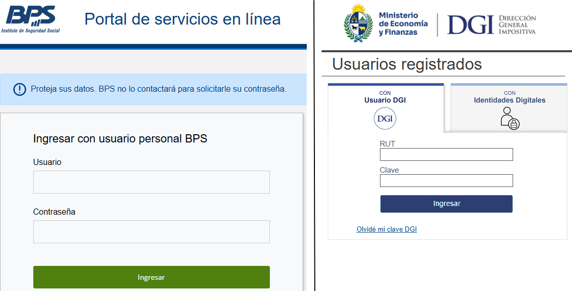 Portal web de DGI y BPS para inscripción de empresa unipersonal en Uruguay