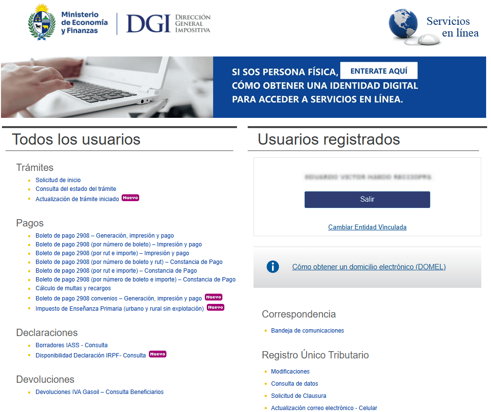 Pantalla del portal online de DGI Uruguay para completar el formulario 1102 de declaración jurada IRPF