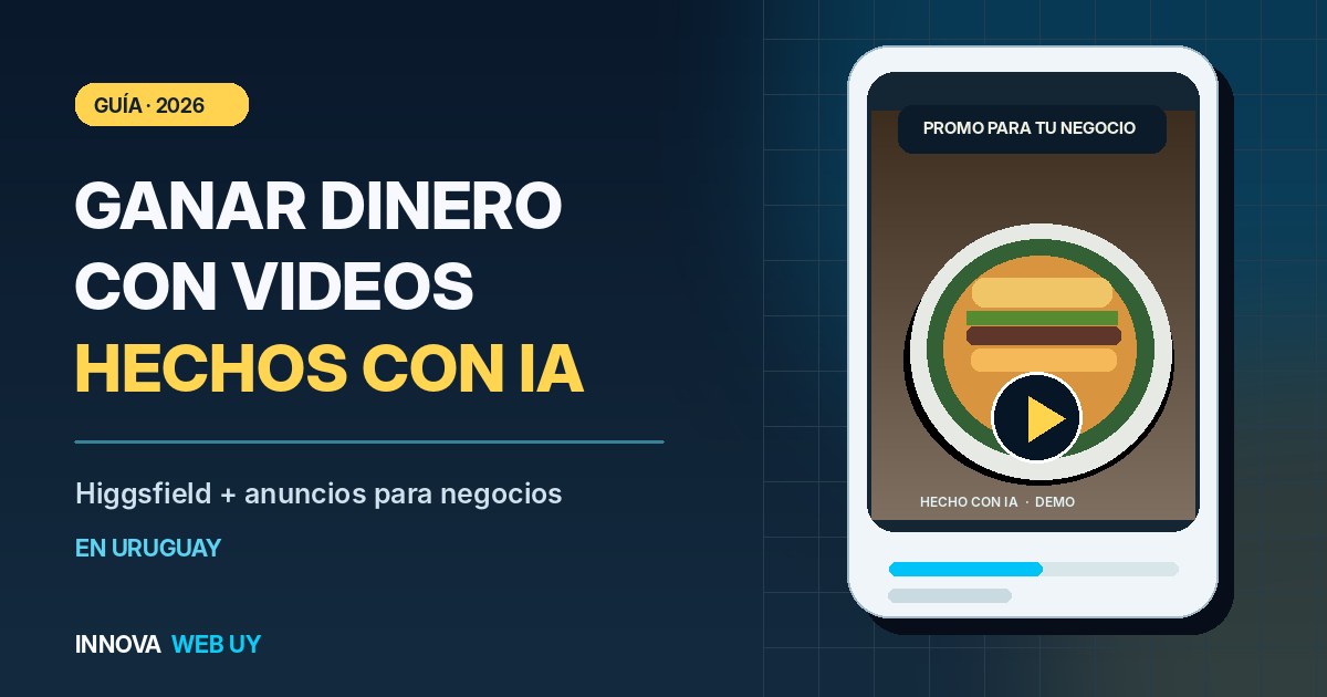 Ilustración de un anuncio audiovisual creado con IA para negocios de Uruguay, con celular y guía de Higgsfield