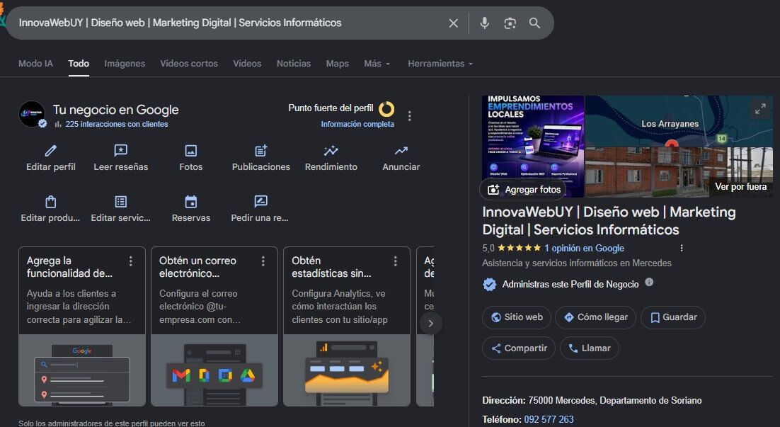 Captura de pantalla del Local Pack de Google con resultados de negocios en Uruguay