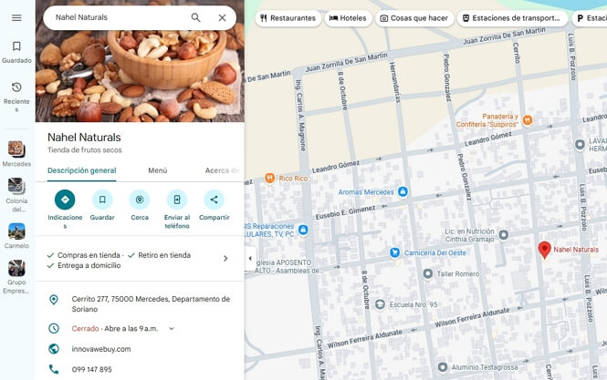 Perfil completo de Google Business Profile de un negocio uruguayo mostrando todos sus datos