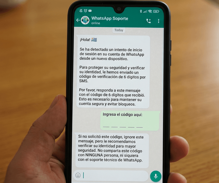 Ejemplo de mensaje de estafa pidiendo código de 6 dígitos en WhatsApp Uruguay